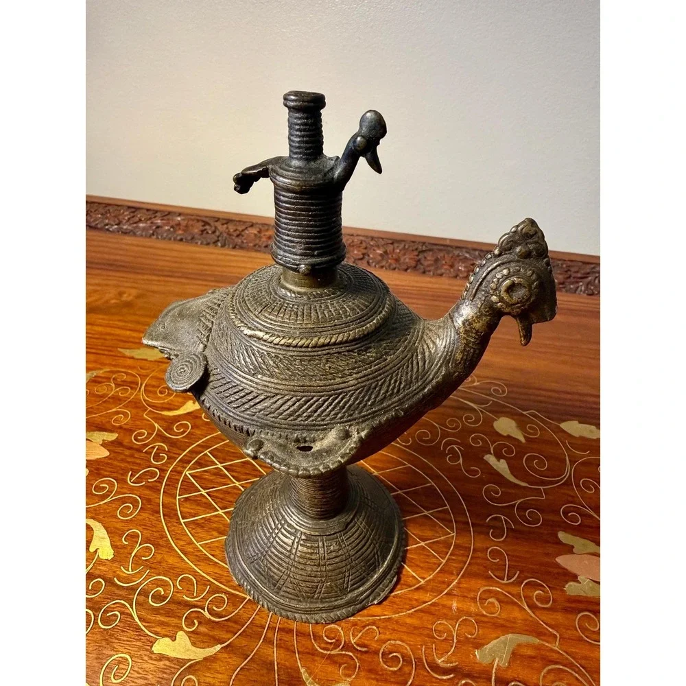 Antique‎ Indian Peacock Oil Lamp, Hand Cast Dhokra Brass Vessel